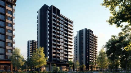 Obraz premium Modern Architectural Marvel: Sleek Residential Towers Amidst Lush Greenery