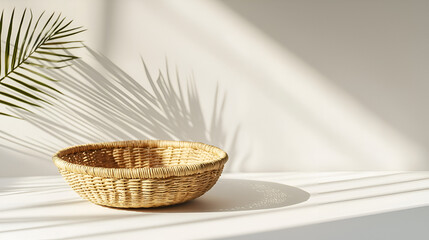 Fototapeta premium Woven basket in sunlit room, minimalist aesthetic. Palm leaf shadow adds a touch of nature.