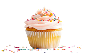 A bright yellow cupcake with colorful sprinkles and a smooth swirl of frosting positioned in the center of a transparent background 