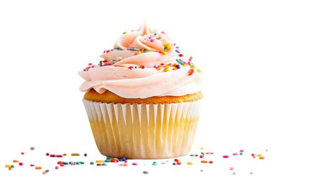 A bright yellow cupcake with colorful sprinkles and a smooth swirl of frosting positioned in the center of a transparent background 