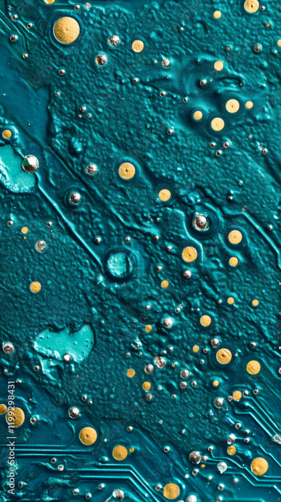 Poster teal printed circuit board revealing dense microchip layout, intricate electronic pathways glowing w