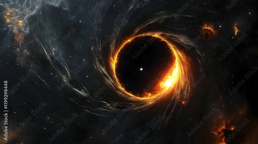 Poster abstract design of black hole energy with glowing particle effects and sharp spiraling patterns in a