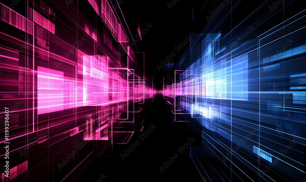 Poster abstract digital tunnel with pink and blue glowing lines, representing data flow and technological a