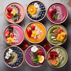 Vibrant smoothie bowls topped with fresh fruit, seeds, and edible flowers, Generative Ai