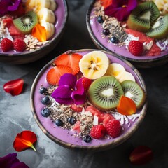 Vibrant smoothie bowls topped with fresh fruit, seeds, and edible flowers, arranged on a marble table, Generative Ai