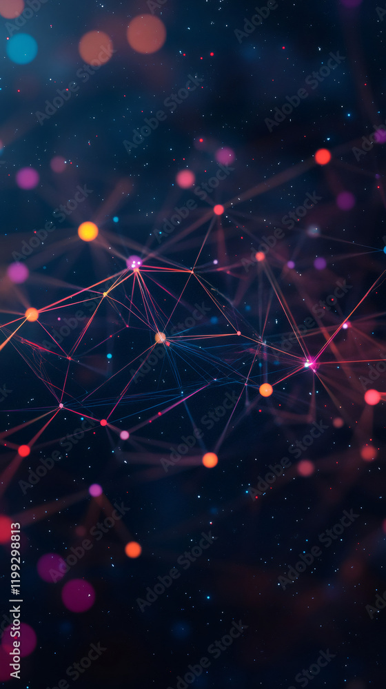 Poster Luminous digital nodes connecting across shadowy cosmic background, representing intricate global data communication networks