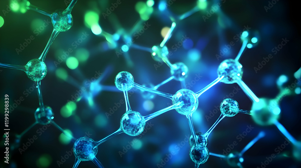 Poster abstract glowing molecular network with interconnected nodes and lines in blue and green tones, set 
