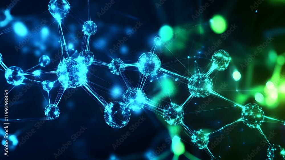 Poster abstract glowing molecular network with interconnected nodes and lines in blue and green tones, set 