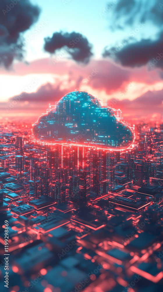 Poster sleek urban skyline merging digital networks, representing cloud technology integration with advance