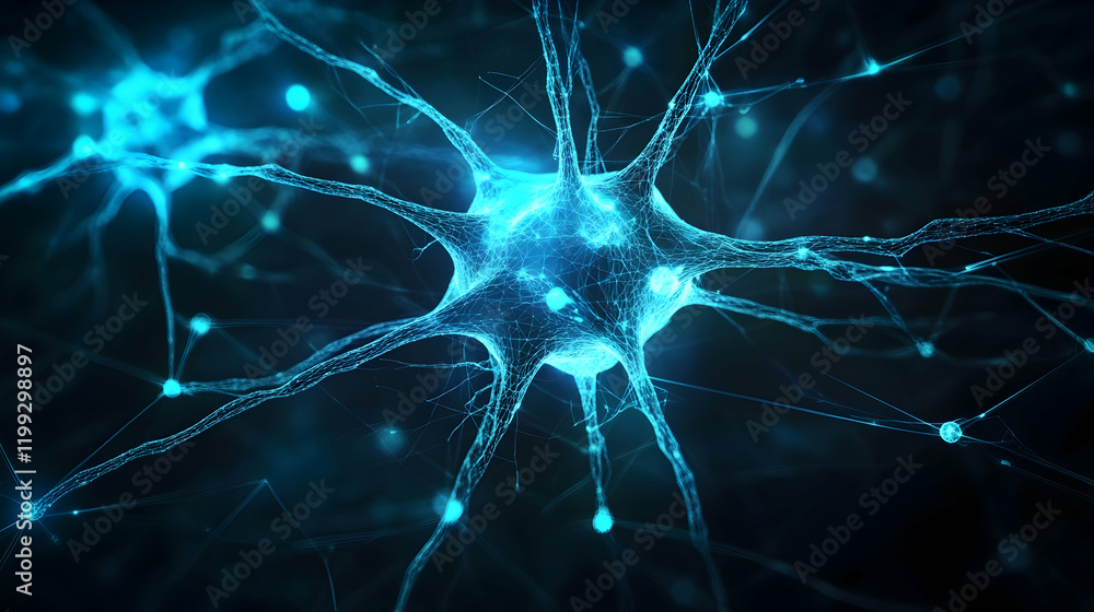 Poster abstract glowing neural network diagram with interconnected pathways, vibrant blue tones and sharp e