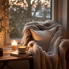 A cozy reading nook with soft lighting, Generative Ai