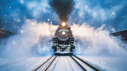 a steam train on train tracks travelling towards us at high speed, there is a snow plow on the front of the train and snow is spraying out on the sides as the train powers through it