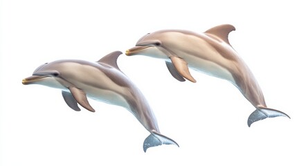 Obraz premium A dolphin duo performing synchronized jumps, isolated on a crisp white background,