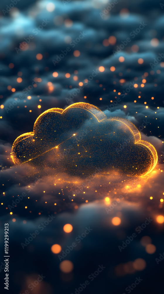 Aufkleber Cloud computing network made of gold particles and lines floating in a dark digital cyberspace with bokeh effect