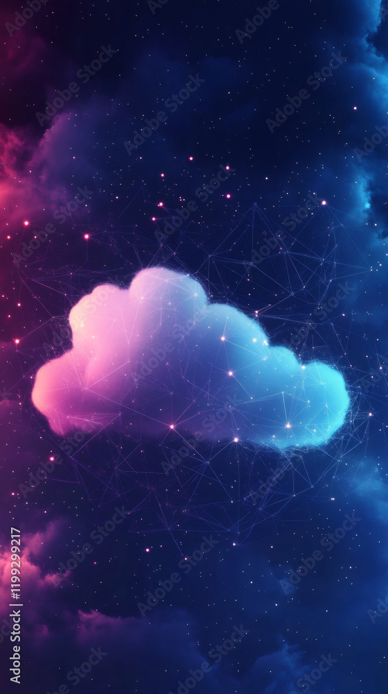 Fototapete cloud computing network and data storage in colorful nebula, representing innovative technology and 