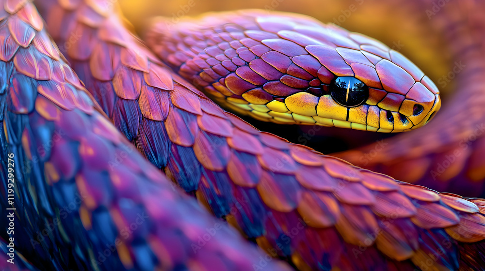 Poster abstract patterns on the scales of a brightly colored snake, vibrant tones and sharp textures under 