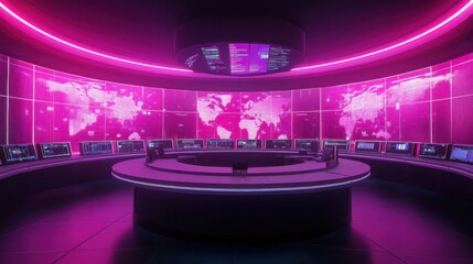 Futuristic control room with glowing screens displaying world maps and data analytics