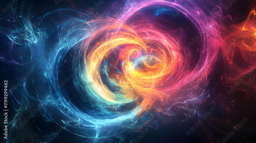 Poster abstract representation of entropy with swirling colorful patterns and glowing gradients symbolizing