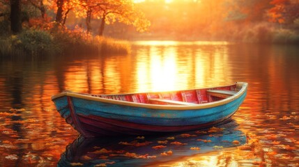 Fototapeta premium A colorful wooden boat bobbing gently on a river, surrounded by vibrant autumn foliage reflecting in the water's surface, with the golden sun setting in the background.