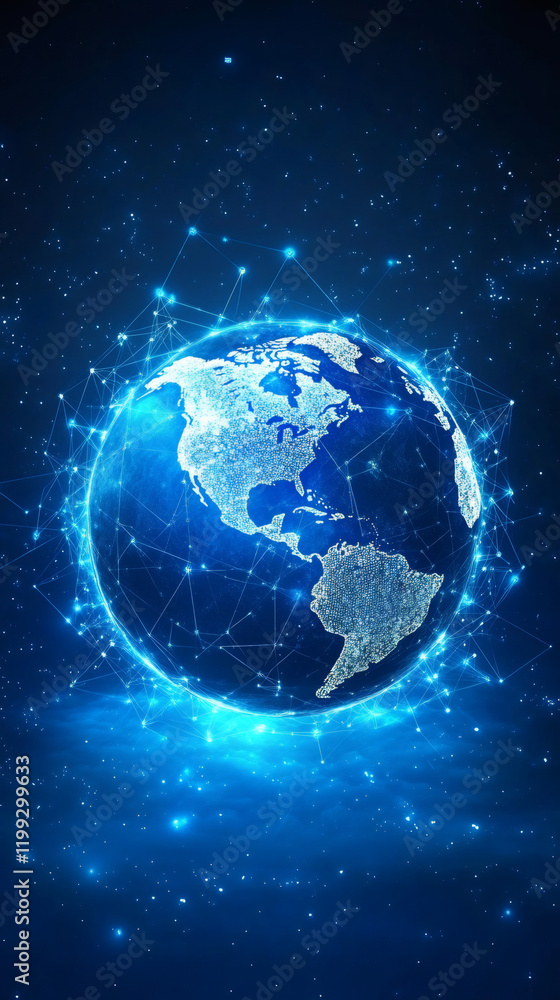 Aufkleber Rotating planet Earth in space, showcasing a network of futuristic connections illuminating America and highlighting global communication