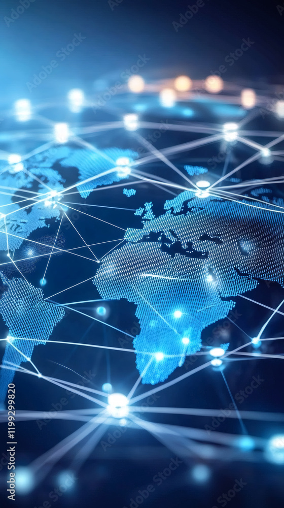Fototapete Digital world map showing global connections with data lines and bright spots, representing communication and technology