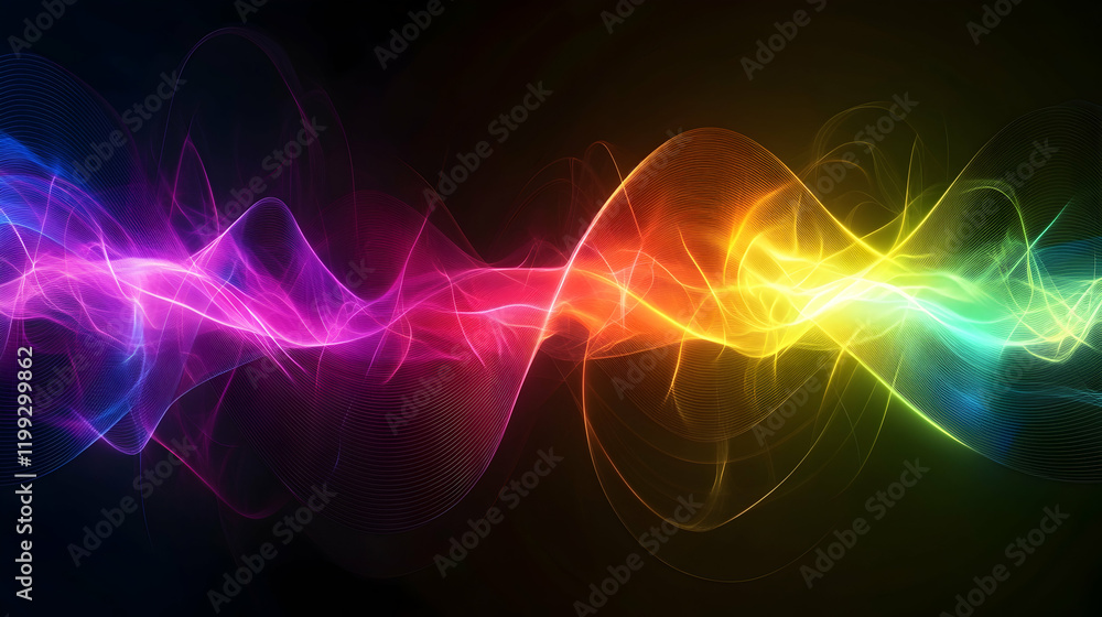 Poster abstract view of the electromagnetic spectrum with glowing waves in a gradient of colors, sharply de