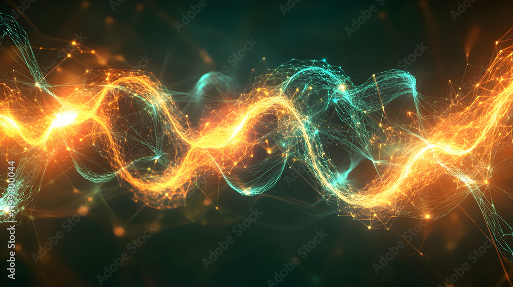 Poster abstract visualization of energy transfer with glowing waves and interconnected nodes, sharp lines a
