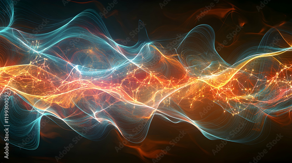 Poster abstract visualization of energy transfer with glowing waves and interconnected nodes, sharp lines a