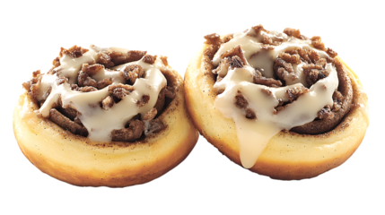 A fresh cinnamon roll with a swirl of icing drizzled over the top displayed in the center of a transparent background 