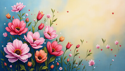 Artistic floral composition with colorful blooms and hearts against a soft blue background
