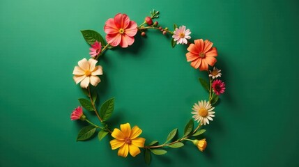 Vibrant Floral Circle Arrangement on Emerald Green Background A Delightful Composition of Blossoms and Greenery Perfect for Spring or Summer Designs