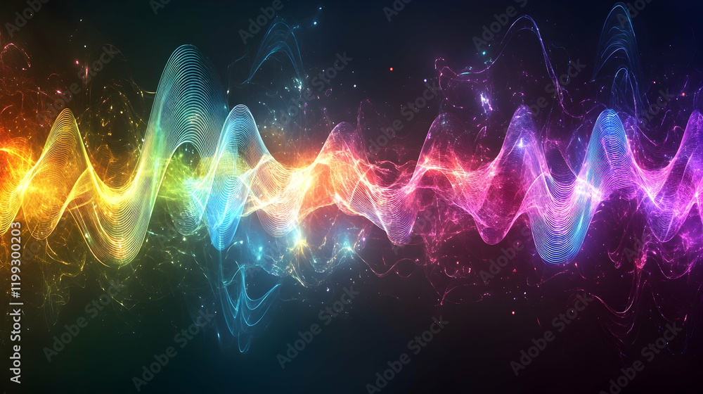 Poster abstract visualization of sound frequencies with glowing oscillating waves in vibrant colors on a cl