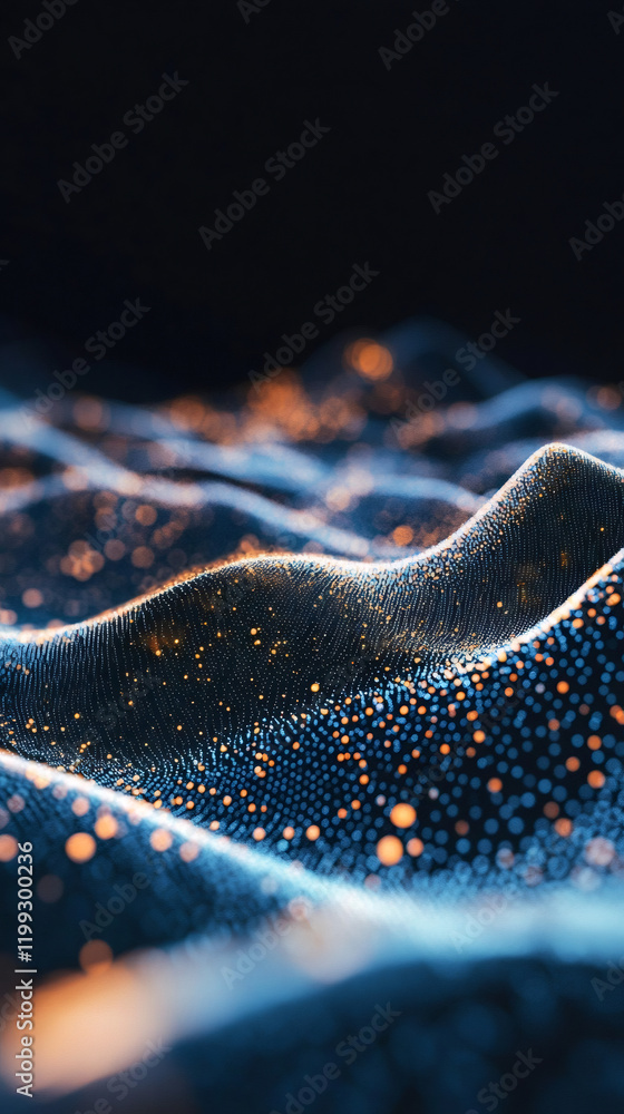 Poster digital blue-orange wave particles flowing dynamically against dark backdrop, generating futuristic 