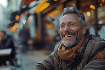 Fototapeta premium A joyful man with a beard enjoying a coffee at a bustling cafe, radiating happiness and warmth in a charming setting.