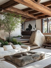 Modern Living Room Design With Stone And Wood Elements