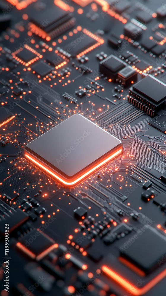 Aufkleber close-up of a modern cpu glowing with orange lights, highlighting the complex circuitry of a motherb