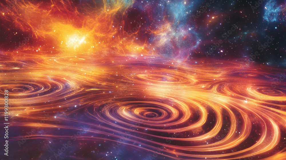 Poster artistic representation of energy waves in space with glowing ripples and sharp patterns, set in a v