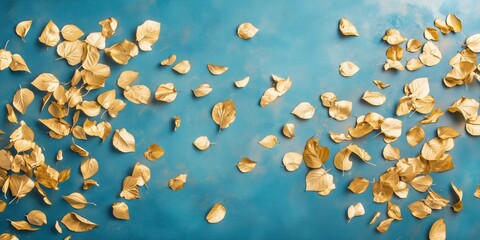 Golden Petals on Teal: Luxurious gold petals scattered artfully across a deep teal background, creating a sophisticated and elegant design perfect for invitations, blogs, or social media. 