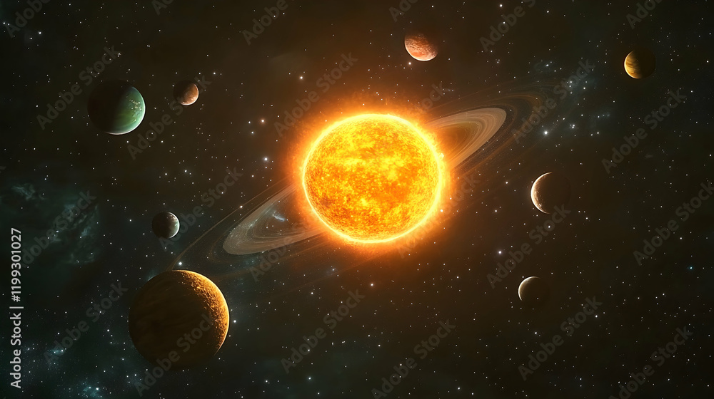 Wall mural artistic view of the solar system with planets orbiting a glowing sun, showcasing vibrant textures a