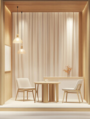 Neutral modern interior cafe seating minimalist scandinavian style table chair pendant lighting wood paneling soft curtain cozy workspace editorial niche design branding template nobody mock up advert