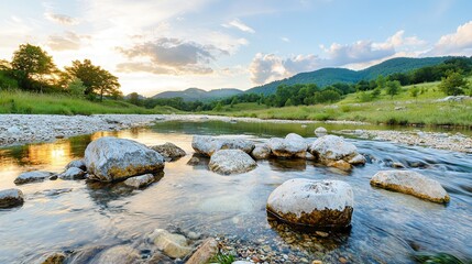 Run-down landscapes in a national park Scenic river landscape with rocks and mountains at sunset.