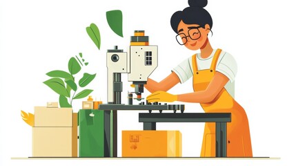 A factory worker assembling machine parts, wearing safety glasses, isolated on white,