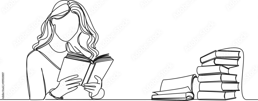 Wall mural continuous line drawing of woman reading a novel next to stack of books, line art vector illustration