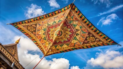 Colorful Canopy Against a Blue Sky with White Clouds