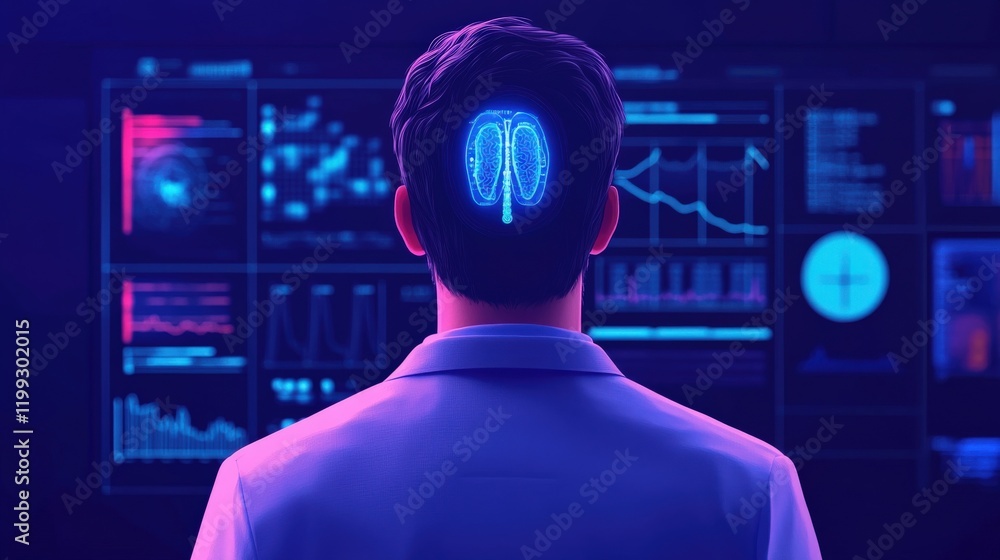 Poster medical professional analyzing data with digital brain visualization and health metrics on a screen