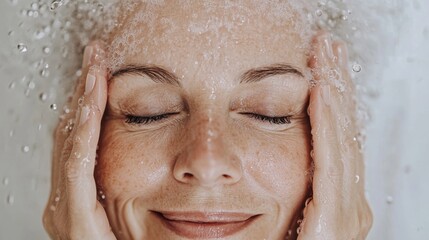 A woman enjoys a refreshing facial cleansing experience, surrounded by water droplets, showcasing the cleansing beauty routine that promotes relaxation and rejuvenation.