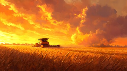 Obraz premium Golden Harvest Sunset Combine Harvester Field