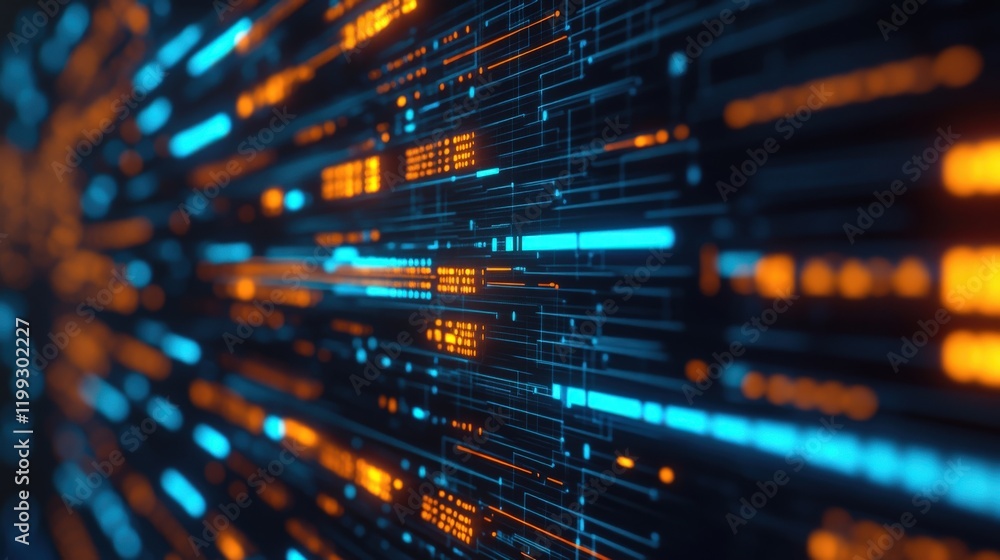 Poster futuristic digital data stream with glowing blue and orange lines flowing through a dark background