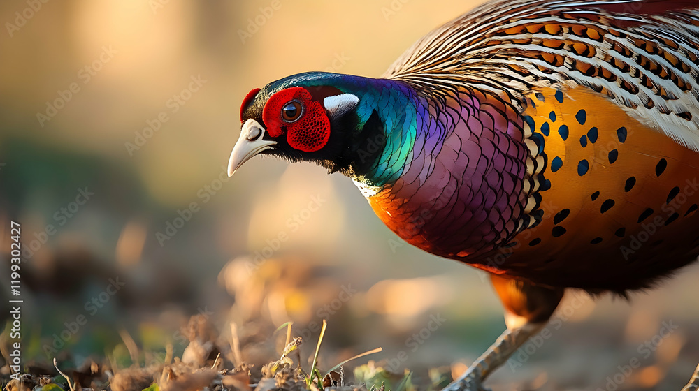 Poster close-up of a colorful pheasant walking through a meadow with detailed patterns on its feathers and 