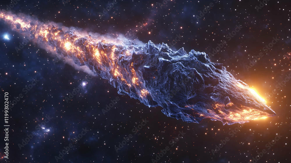 Poster close-up of a comet with glowing icy tail and sharp surface textures, traveling through a star-fille